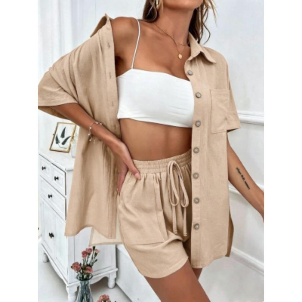 European American Outdoor Street Women's Shirt Shorts 2-piece Set Summer Women's Short Sleeved Shirt Shorts Home Vacation Casual Women's Set