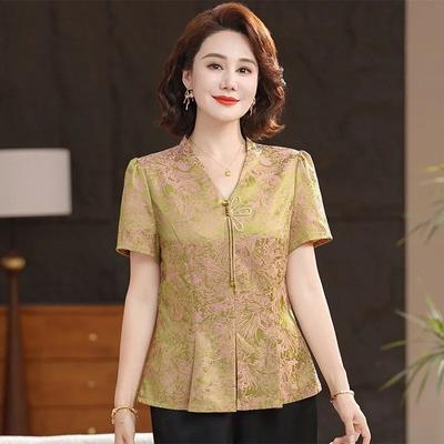 Women's Chinese Style V-Neck Blouse Short Sleeve Floral Pattern Frog Button Elegant Top for Daily