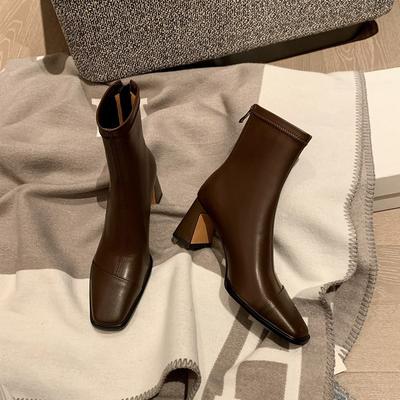 Korean Order! Heavy Recommendation! Temperament Brown Square Head Thick High Heel Elastic Short Boots Zipper Thin Women's Single Boots