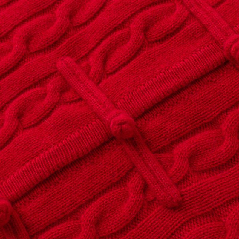 100% Pure Cashmere Red Cable Knit Cardigan - Round Neck, Thick Retro Chinese Style Sweater Coat for Mom.