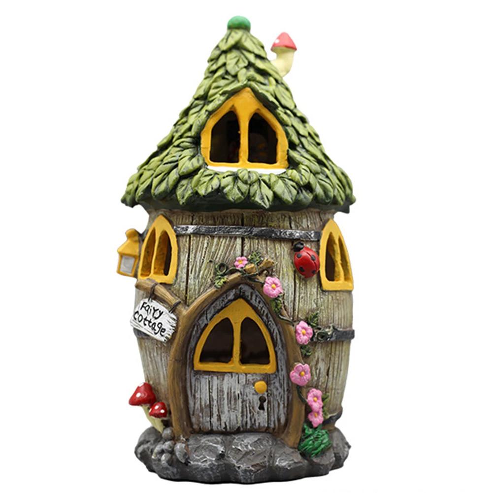 House Statues Outdoor Solar Powered Statue Garden Decor Outdoor Walkway Light House Figurine House Cottage Lamp LED Garden Light