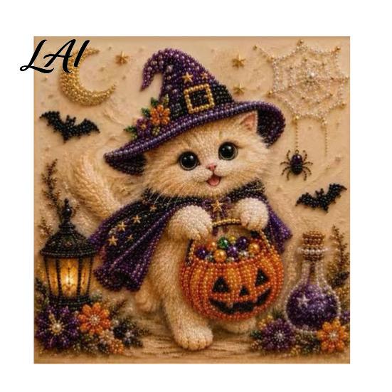 Autumn Home Decoration Halloween Cat Faux Pearl Painting Art Kit Spooky 3D Beads Moonlight Theme Crafts Cute Witch Gem Wall for Adults Craft Lovers