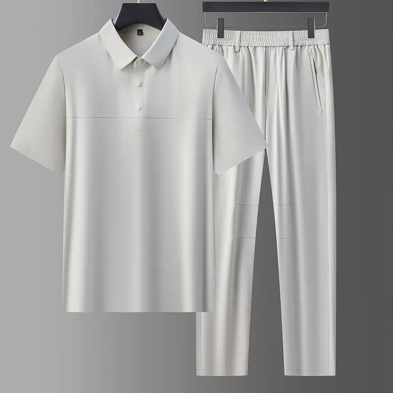 2026 Summer Men's Middle-Aged & Elderly Casual Sports Suit Men High Elasticity Cool Ice Silk Polo Shirt & Long Pants 2 Piece Set