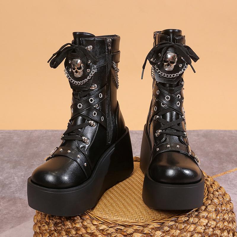 Fashion Punk Women Boots Fashion Rivet Shoes for Women Gothic Buckle Motorcycle Boots Platform Wedges Cool Nightclub Party Cosplay Shoes