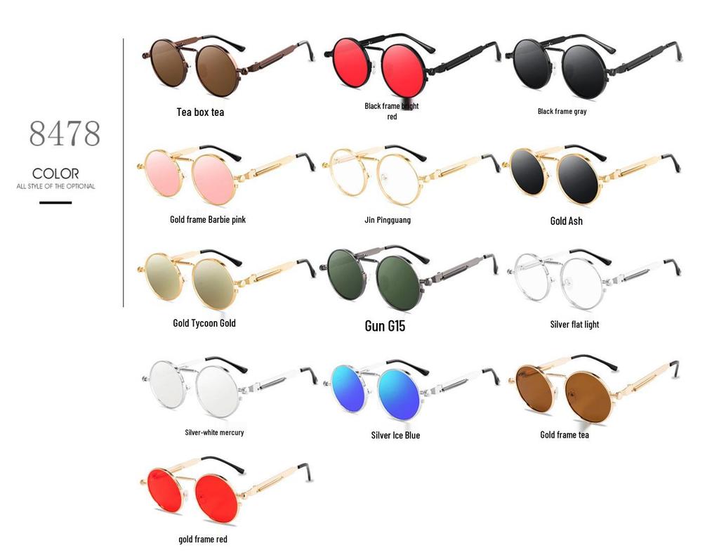 Steampunk Retro Round Sunglasses with Spring Temple for Men and Women