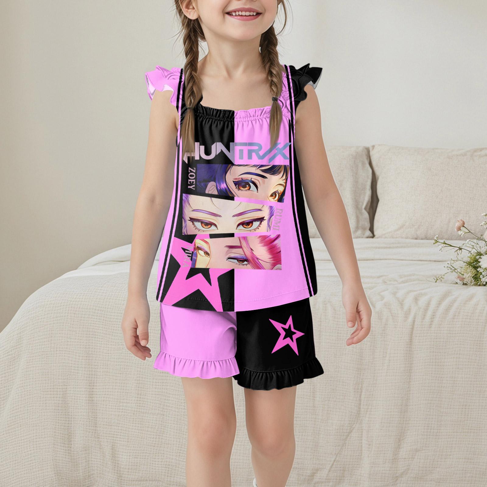 

Girls Sleeveless Top and Shorts Set Casual Loose Fit Two Piece Outfit with Printed Design and Ruffle Trim Comfortable Summer Wear 100 горячий розовый