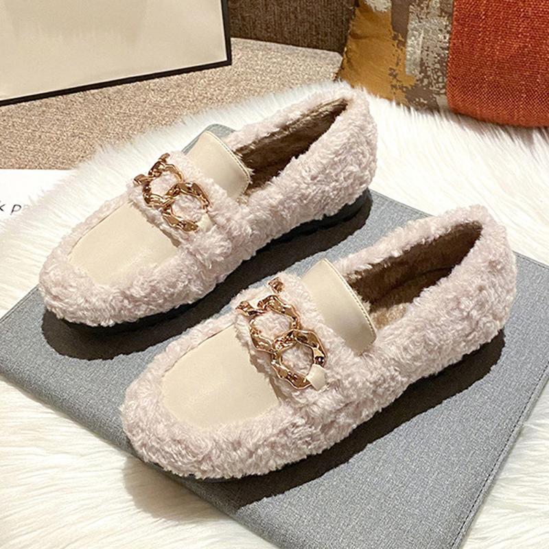 Fashion 2025 Winter Lambswool Loafers Women Traf Chain Shoes Shearling&Leather Patchwork Flats Sheep Fur Mocasines Ladies Bare Foot Shoe
