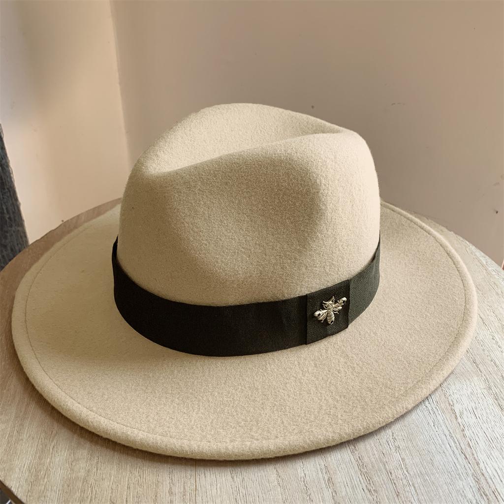 New French Wool Topper Hat with Big Brim Showing Face for Women's Little Bee British Style Versatile Jazz Hat