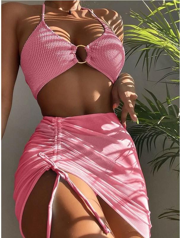 Women's Fashion Split Slim Solid Color Hanging Neck Three Sets Of Bikini Beach Dress Set (3 Sets With Chest Pads Without Steel Bra)