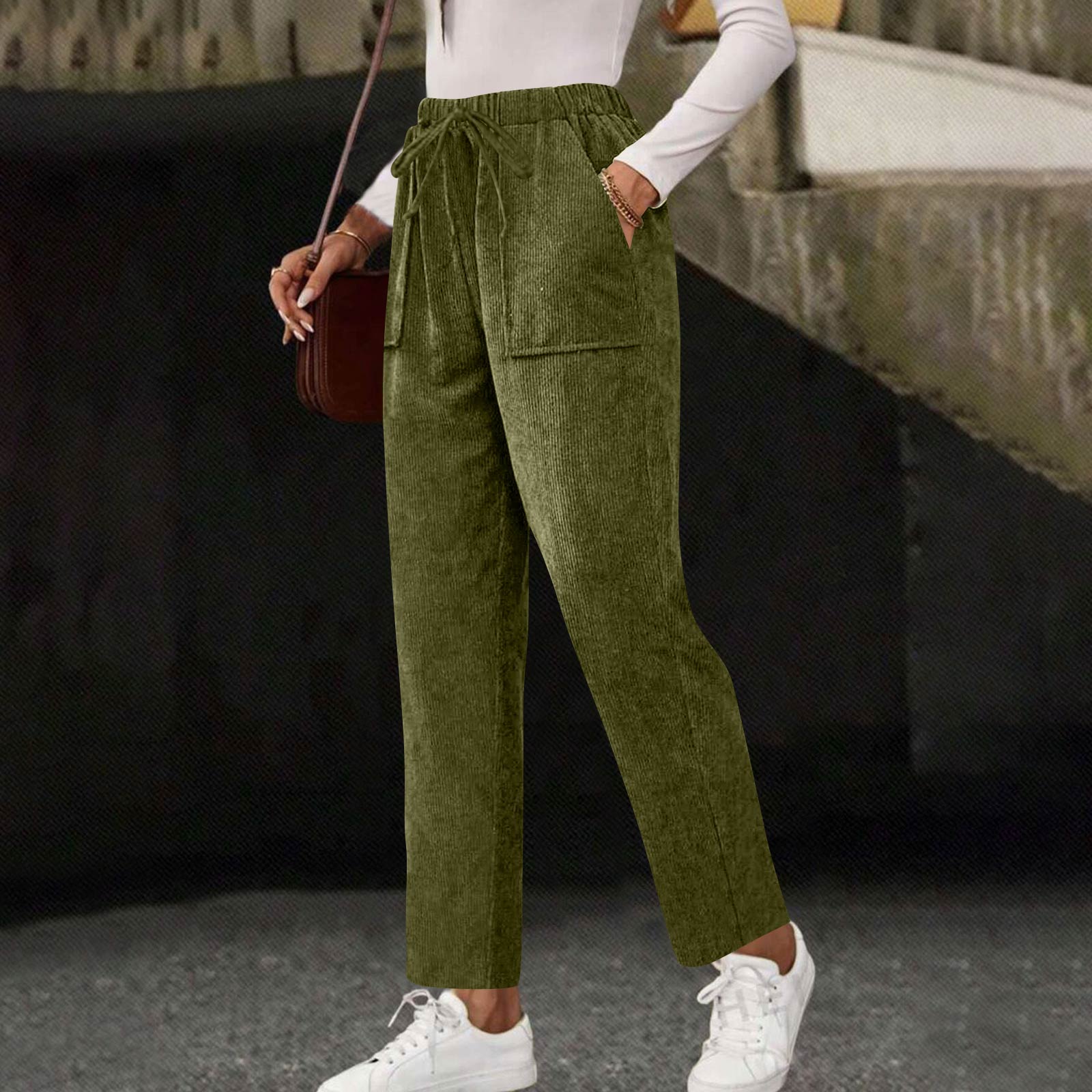 Women s Casual Fashion -Color Drawstring Loose Straight-Leg Pants With Pockets XXL