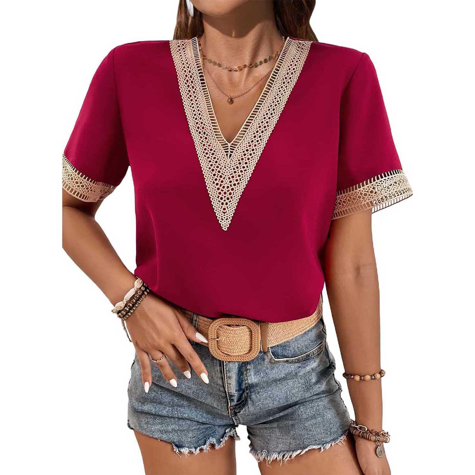 

Женская летняя блузка, модная кружевная вязанная крючком рубашка с коротким рукавом и v-образным вырезом, свободная рубашка с v-образным вырезом, рубашка с круглым принтом и цветными блоками, топ S красный