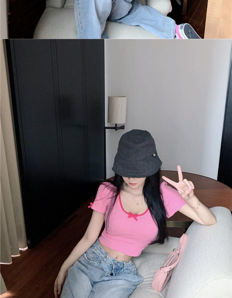 Sexy Bowknot U-Neck Clavicle T-Shirt: Women's Summer Short-Sleeve Low-Cut Tight Top