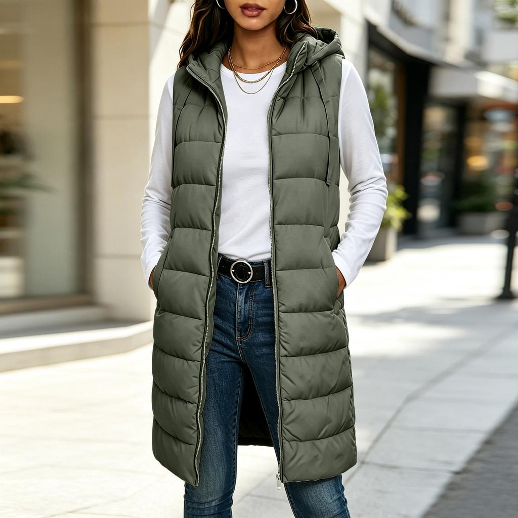 Women's Color Hooded Zip-Up Cotton Vest Mid-Length Plus Size Outerwear for Fall and Winter