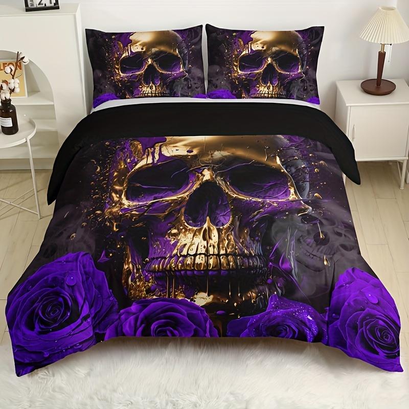 Skull Duvet Cover Set Purple Floral Skull Skeleton Microfiber King Size Halloween Bedding Set 3 Piece