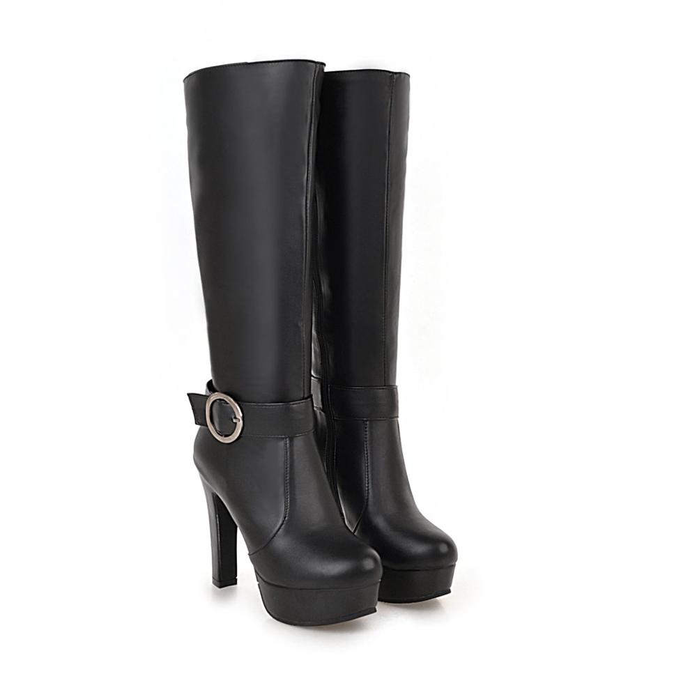 Winter Knee High Boots Women Autumn Knight Black White Large Size High Heels Platform Zipper Fashion Buckle Ladies Long Shoes