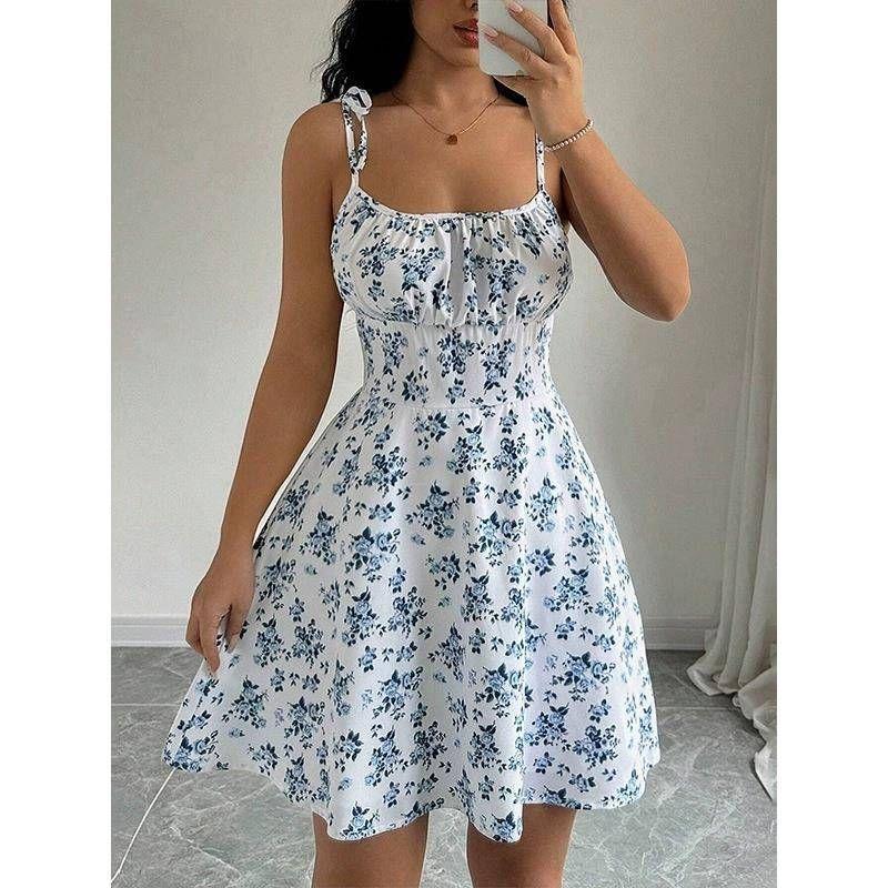 Sweet Small Summer New Arrival Fashion Gentle Floral Print off-Neck Slim Fit Backless Sling Dress Skirt