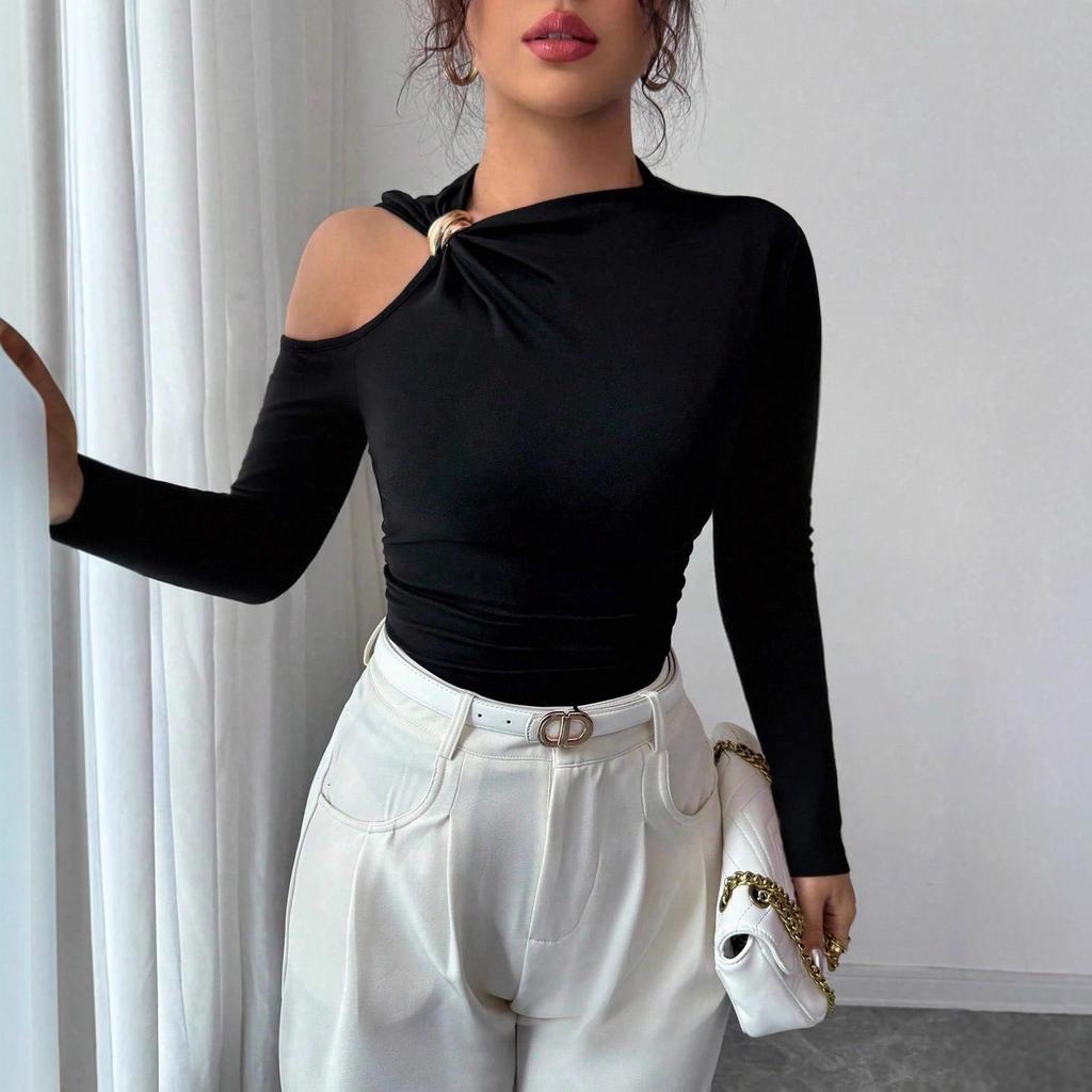 Ladies Spring Autumn Long Sleeve Skew Collar Hollow Bodycon Pullover Casual T Shirt Top
