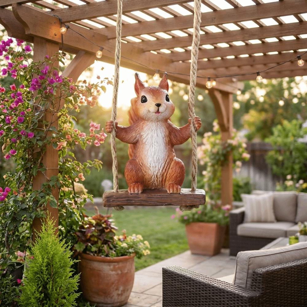 Harz Eichhörnchen auf Schaukel Wetterfest Eichhörnchen Figur Gartendekoration Innen