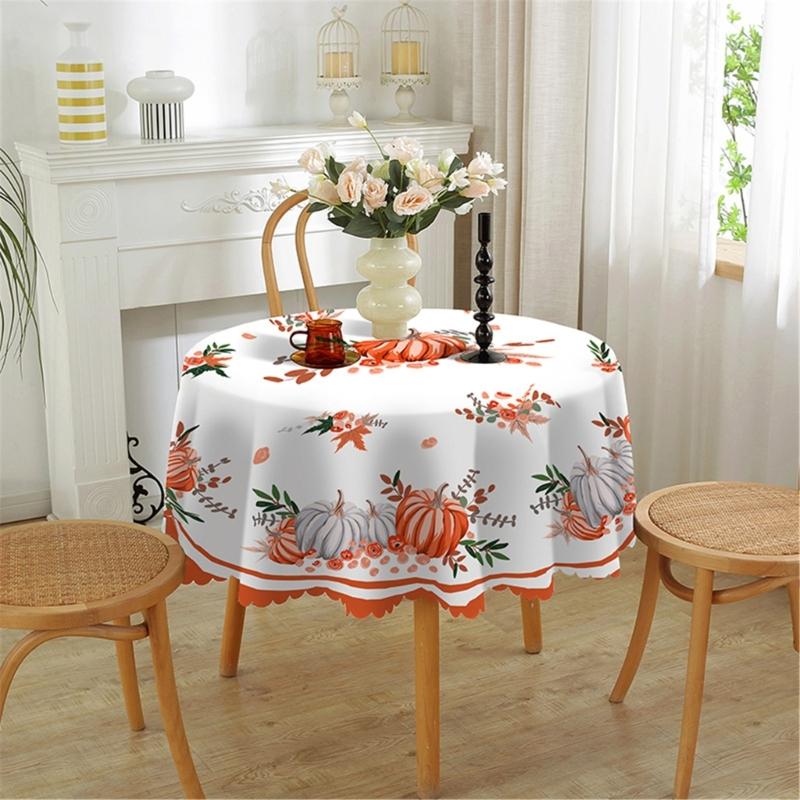 Table Cloth Autumn Leaves and Pumpkin Patterns Round Tablecloth 150cm for Thanksgiving Party Decoration