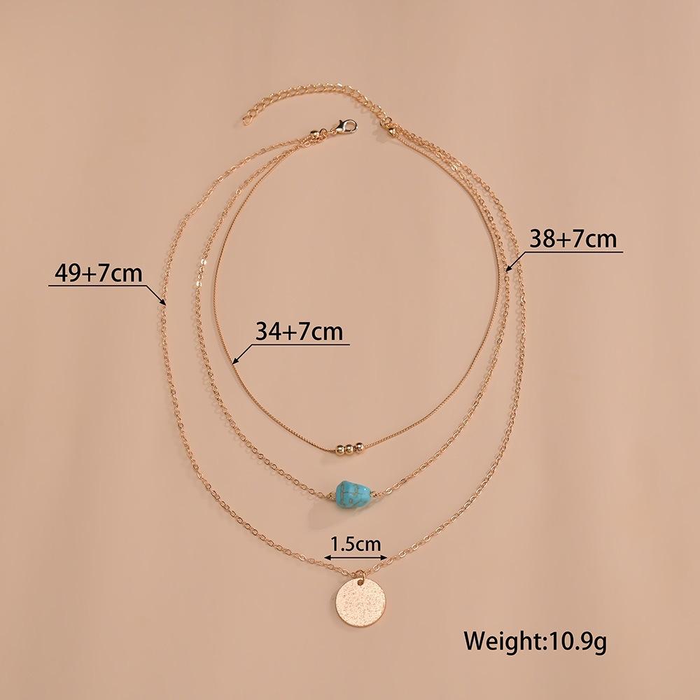 Popular, Geometric Disc Irregular Turquoise Pendant Necklace Ladies Multi-layer Necklace