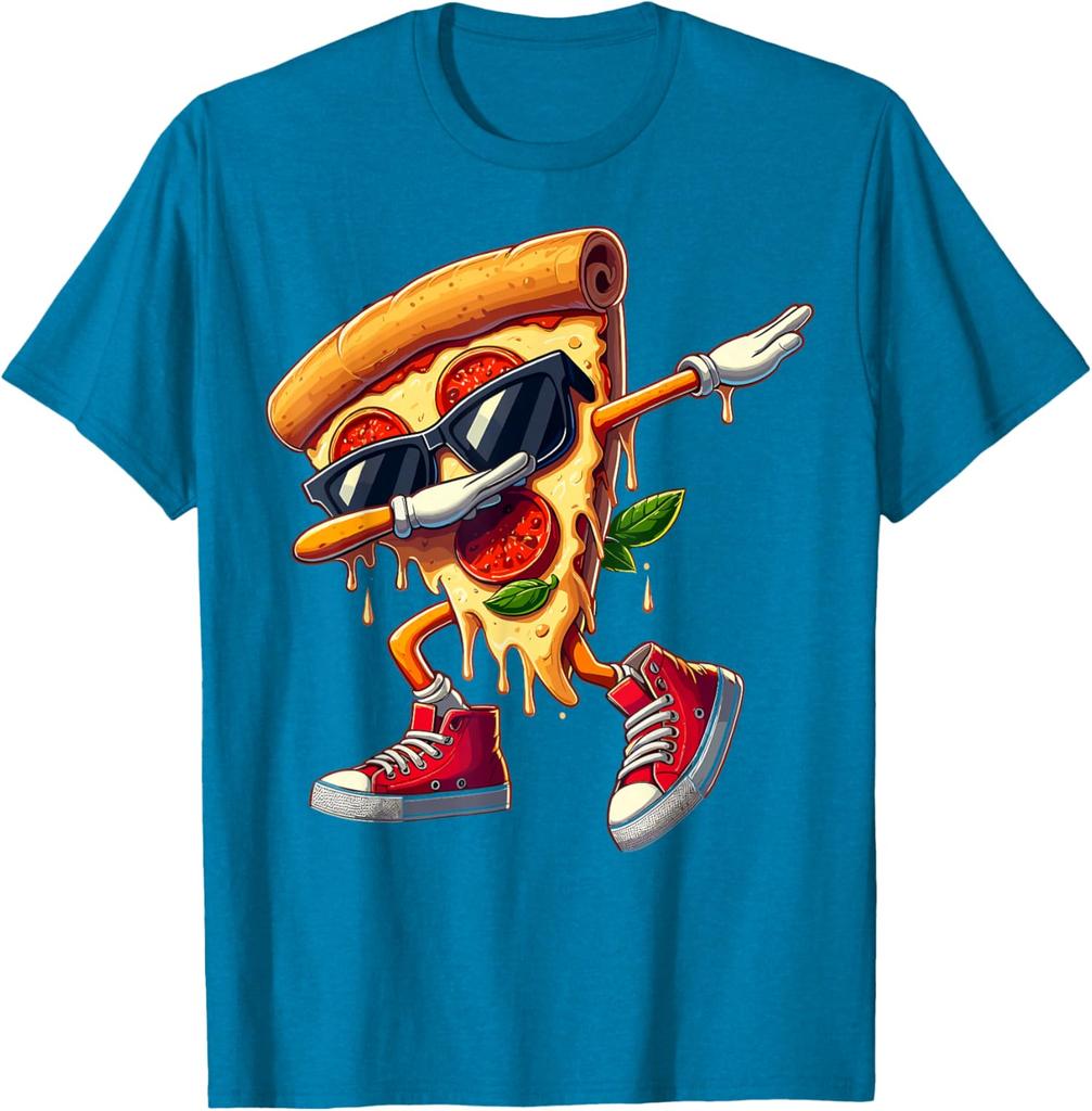 Dabbing Pizza Slice Dancing Foodie Graphic Tee Cool Casual Cotton Short Sleeve T-Shirt for Men