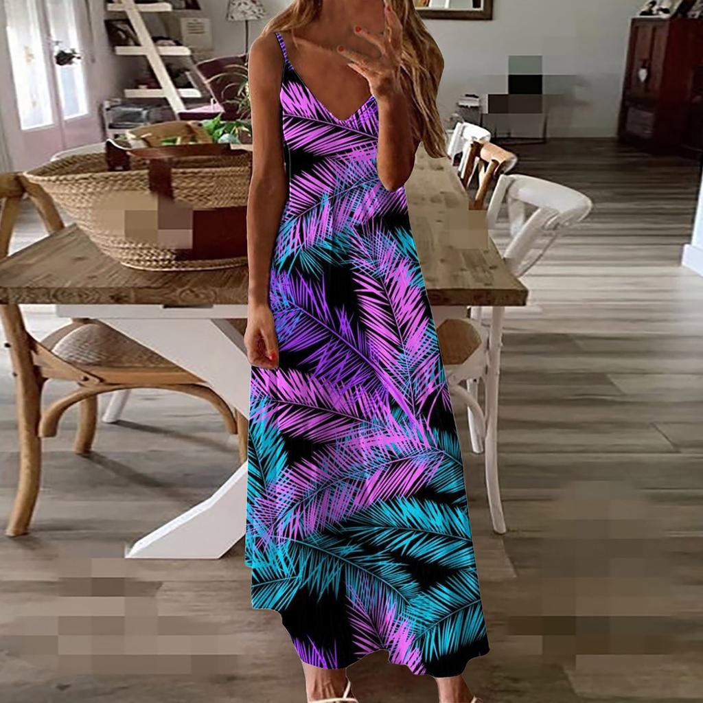 Fashionable Women's Summer Loose Printed Flowing V -neck Cute Suspender Dress