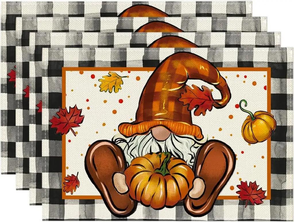 Fall Thanksgiving Table Mats Set of 4 Fall Pumpkin Maple Leaves Buffalo Plaid Placemats Seasonal Holiday Thanksgiving Placemats