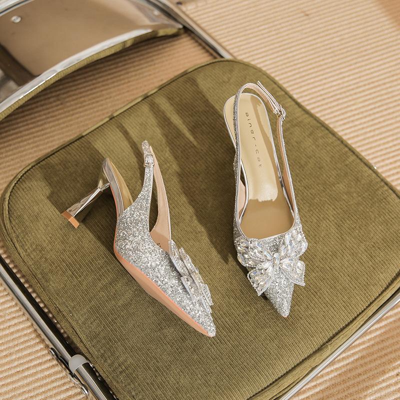 

7521-6 [sheepskin] high-heeled wedding shoes women s thin heels 2025 new pointed sandals rhinestone bow shoes 39