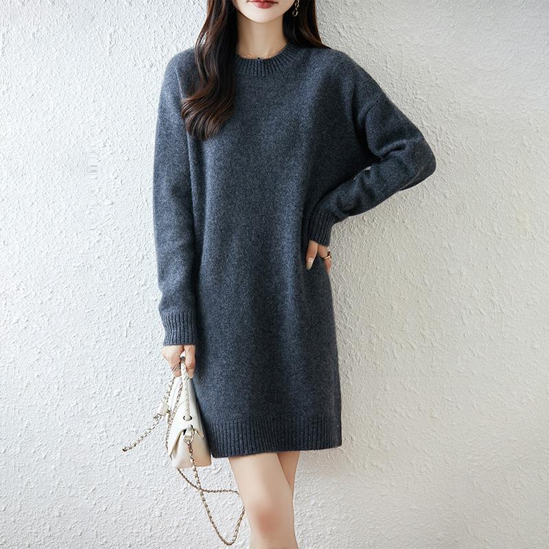 Women Sweater Dress 100% Wool MODERN NEW SAGA O-neck Knit Long Pullover Winter Jumpers Wool Long Dress Female