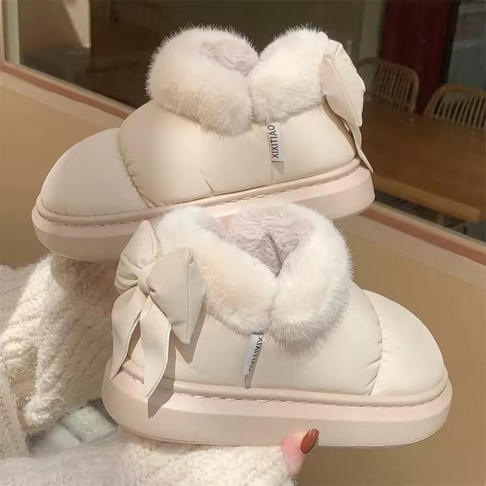 Cute Warm Ankle Boots Winter Women's Bow Warmth Plush Bow Cotton Shoes Waterproof Down Cloth Short Barrel Snow Boots
