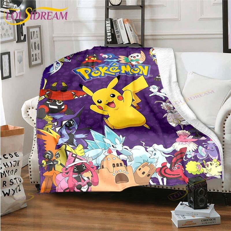 Cartoon Pokemon Printed Pikachu Fleece Plush Blanket Soft Warm Blanket for Adults and Children Bedroom Sofa Gift  Picnic Blanket