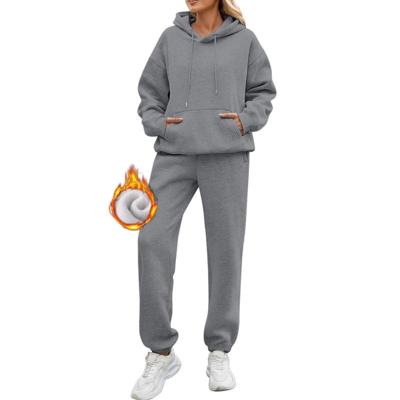 Womens Solid Color Long Sleeve Hooded Fleece Lined Sweatshirt Casual Pants Set Winter