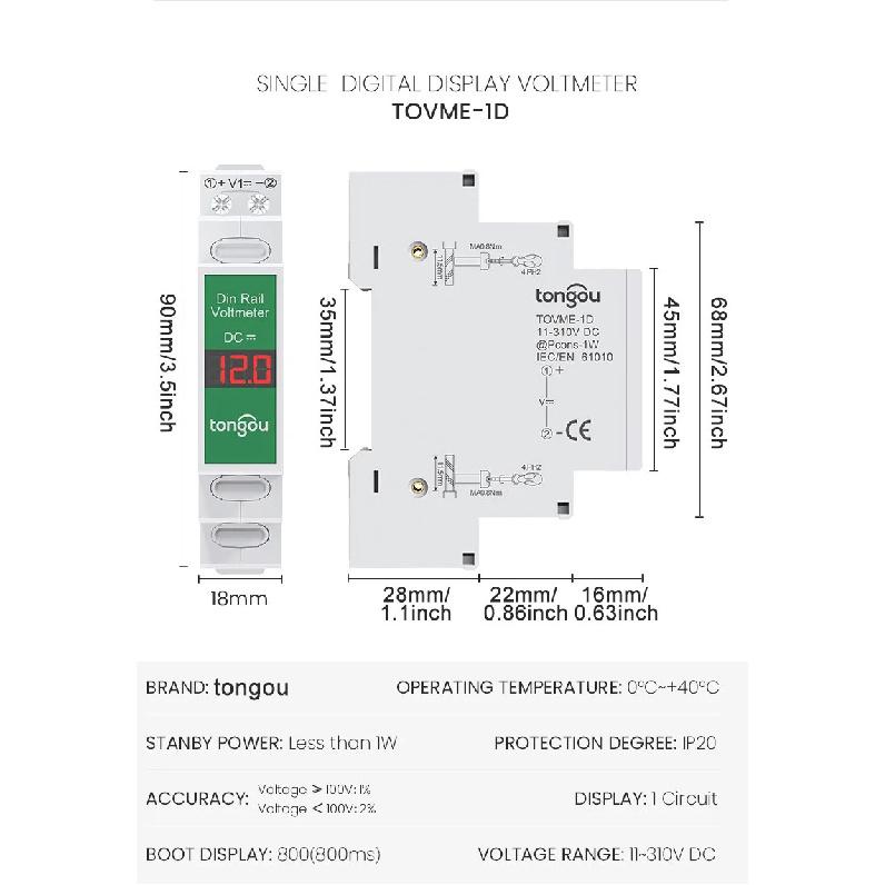 Din Rail Smart LED Digital DC11V-310V Direct Current Voltage Meter Numeric Display Voltage Gauge for Electronics