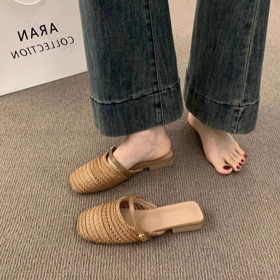 Fashion 2025 Summer Thick Heel Fashion Hollow Women's Toe Half Slippers Comfortable Outdoor Beach Casual Woven Fesign Wedge Heel Sandals