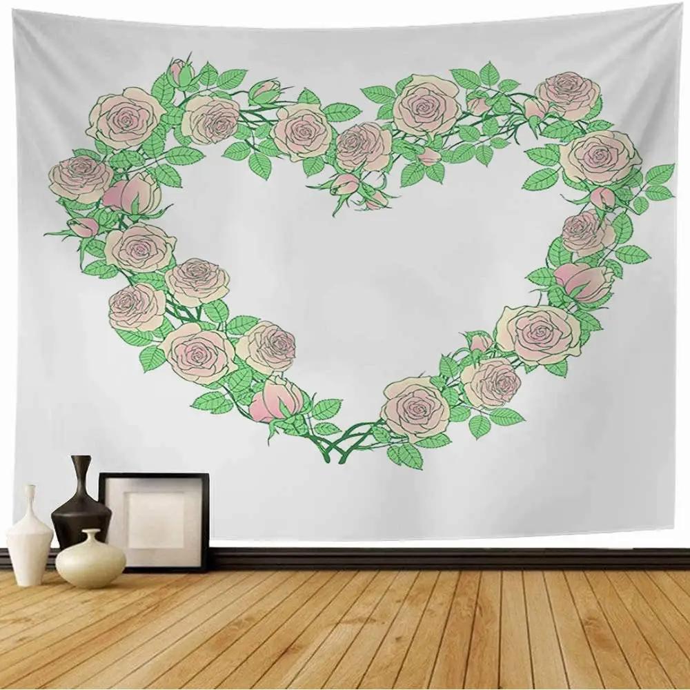 Love Tapestry Floral Love Romantic Shape Heart Tapestry Valentines Day Flowers Wall Hanging Decor for Bedroom Living Room Dorm