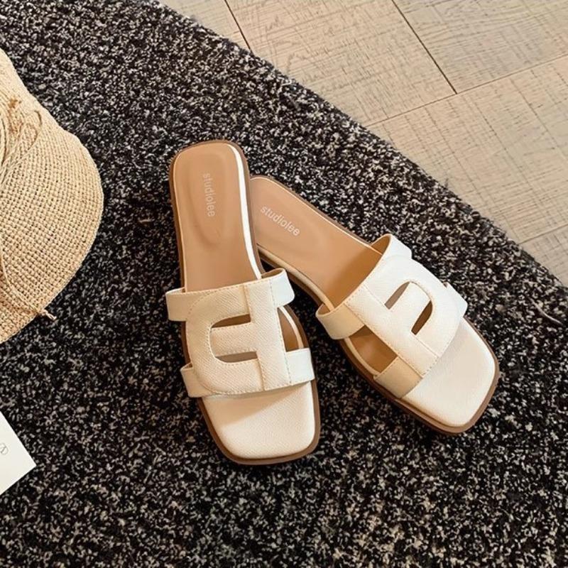 Hollowed-out Women's Shoes Square-toed Soft-soled Versatile Flat One-line Beach Slippers