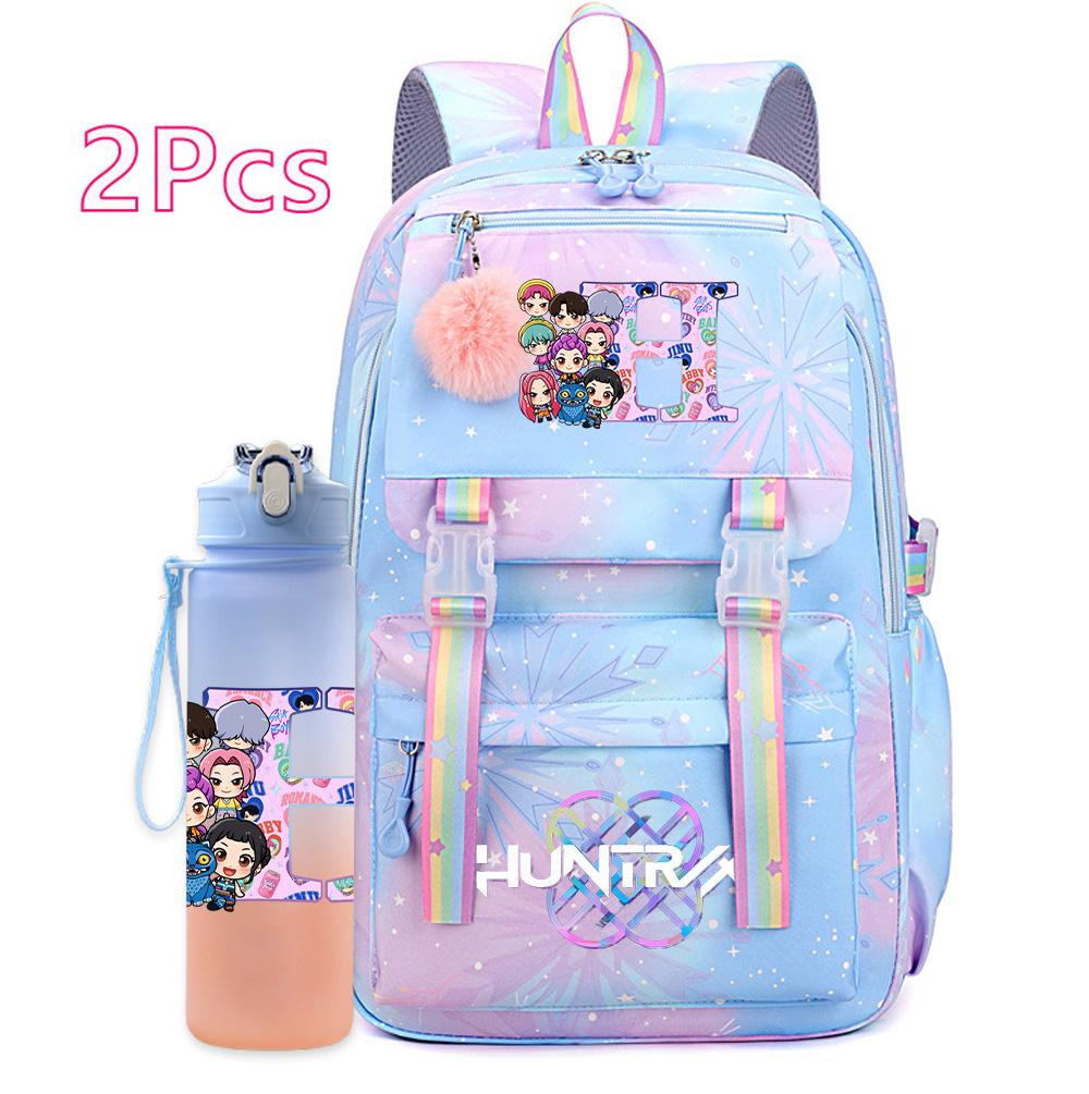 2Pcs/set K-pop Printed Backpack with 750Ml Water Bottler Large Capacity Travel Bag for Teenager Girl Boy Bookbag Kid Gift Large Capacity Bag Mochila