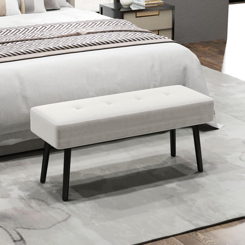 End of Bed Bench, Corduroy Bedroom Bench with Thick Padding and Steel Legs, Tufted Window Seat for Entryway, Living Room, Cream White