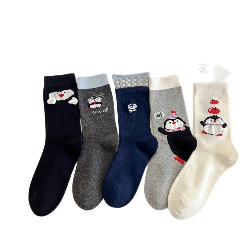 Niedliche Pinguin-Socken für Damen, Wadenlange Socken, Cartoon-Beflockte Tiere, Knochenlose Frottee-Baumwollsocken für Herbst und Winter