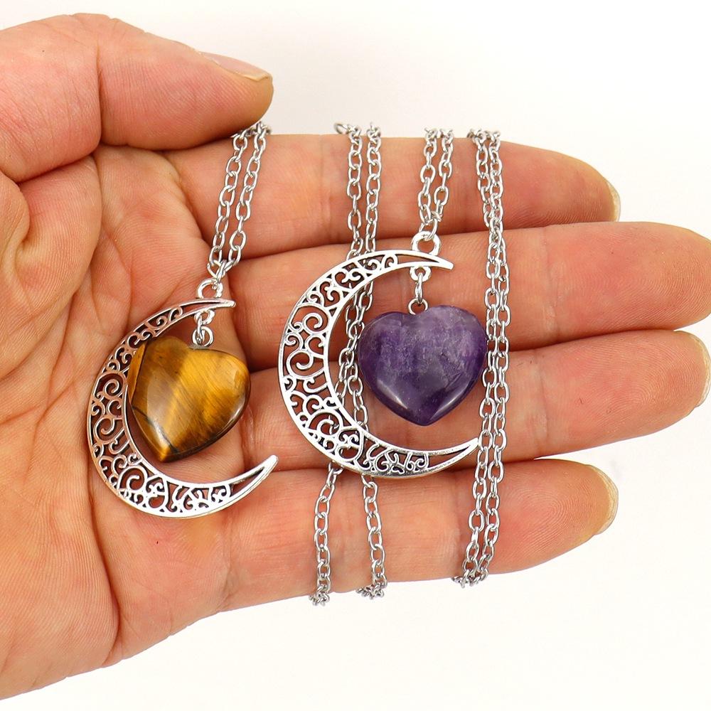Natural Stone Crystal Amethyst Powder Crystal Moon Love Pendant Necklace Hollow Pendant Couple Necklace N164