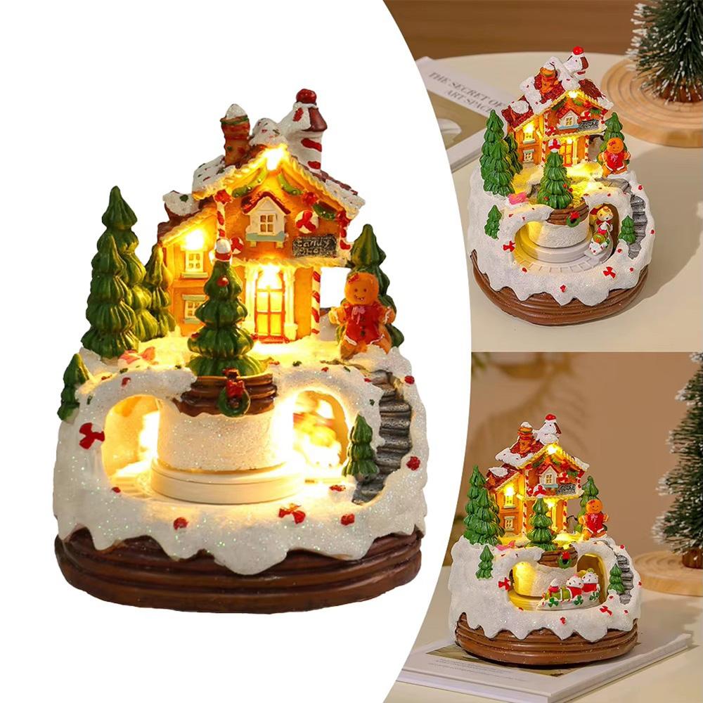 Christmas Music Box Gingerbread Man Snow House Ornaments with LED Light Resin Rotating Music Figurines Home Christmas Decoration