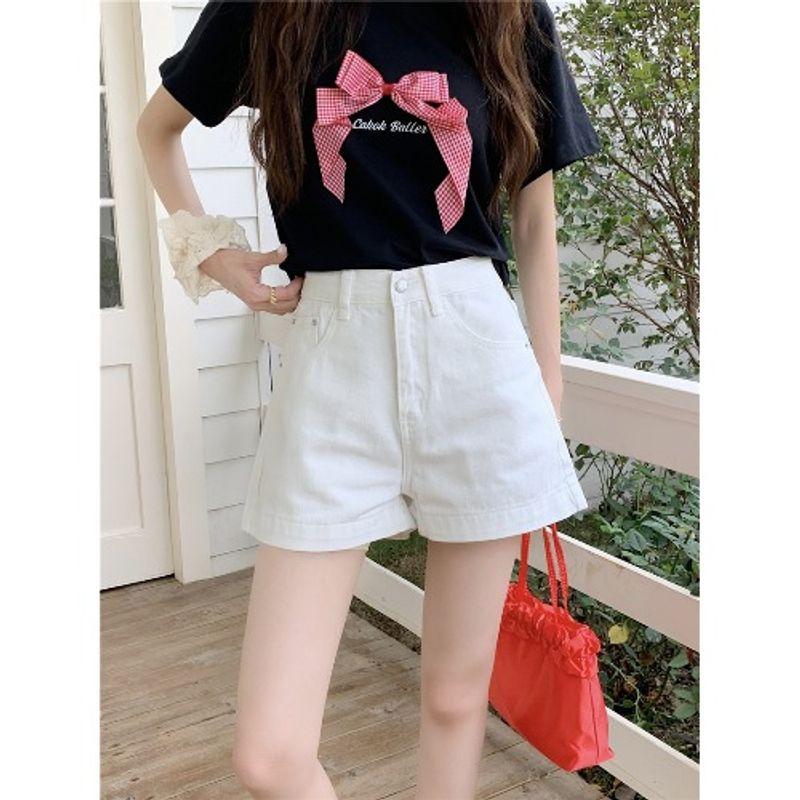 

Kumikumi Ретро Потертые Выбеленные Голубые Джинсовые Шорты Женская одежда Лето Повседневные С высокой талией Все-сочетаемые Широкие штанины White XL