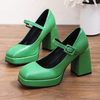 Fashion Autumn New Thick Heel Single Shoes Women's Fashion Square Head Shallow Mouth One Word Buckle Thick Sole Low Top Shoes