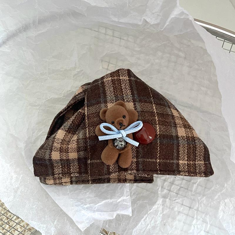 Exquisite Korean Plaid Bear Triangle Hair Clip for Women - 2025