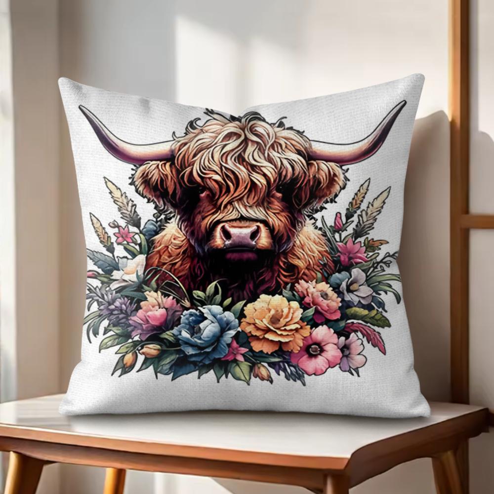 Highland cow  flower Cushion Cover Natural Linen Organic Fabric DoubleSided Printing Couch Pillow Covers Home Decor Gift