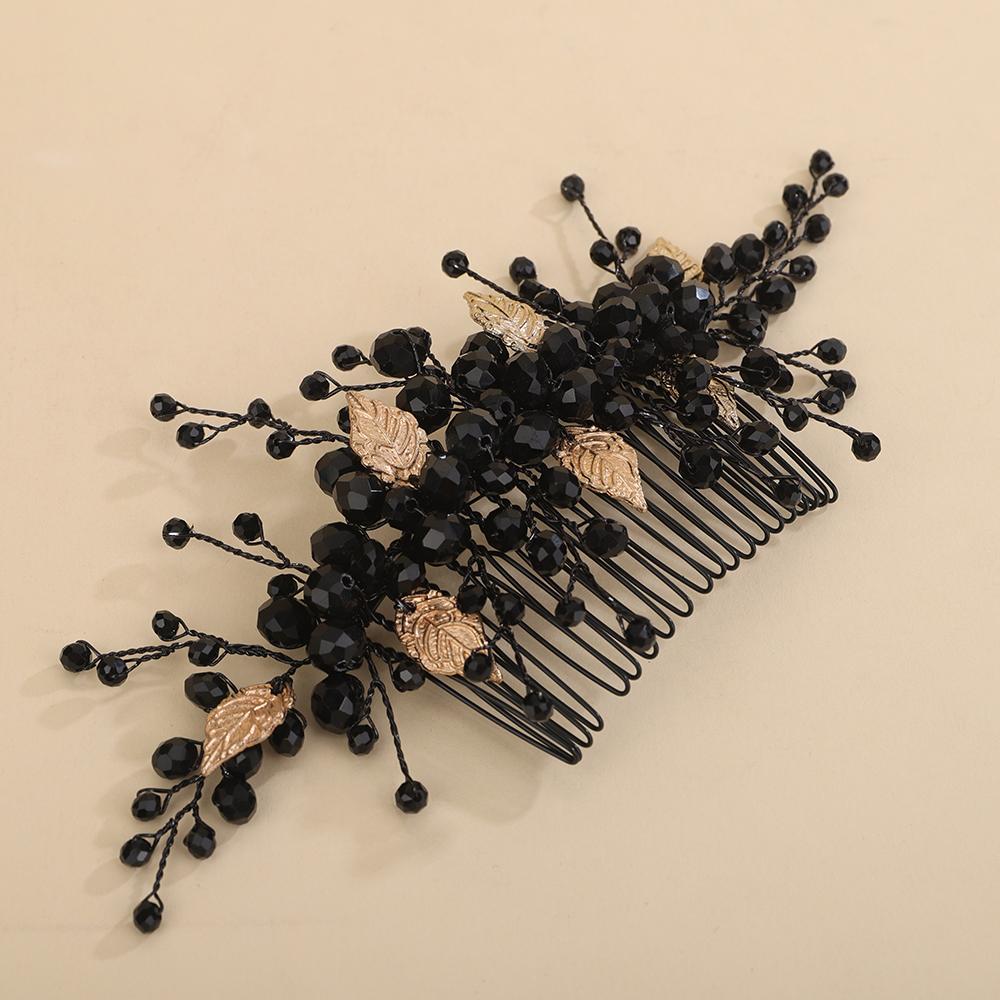 Black Crystal Bridal Hair Comb Handmade Leaf Wedding Hair Accessories Ornaments Trendy Bride Headpiece Tiara for Women and Girls