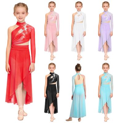 Asymmetrical Ruched Mesh Dance Dress for Kids Girls: Features Applique Detail, Keyhole Back & Side Slit for Performance