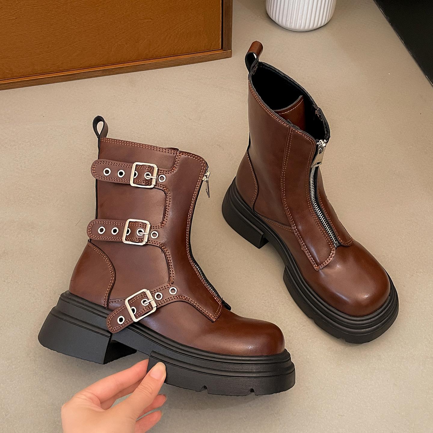 

Queen Fan Black British Style Platform Martin Boots Women s 2025 New Autumn Small Man Height Increasing Skinny Short Boots 39 коричневый