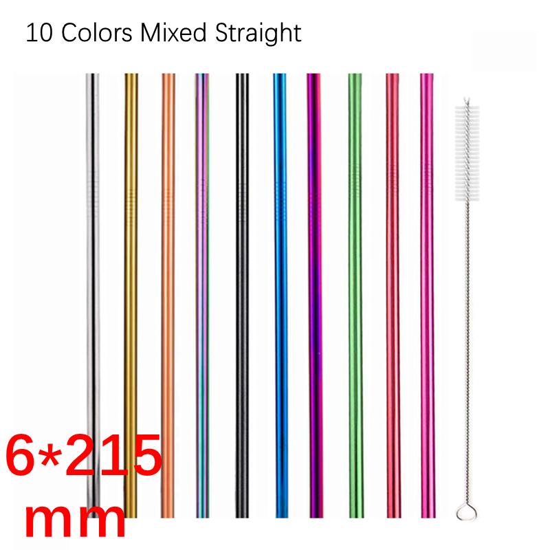 12x215mm Reusable 304 Stainless Steel Drinking Straws Set Eco-Friendly Metal Straw for Smoothie Boba Bubble Tea Milkshakes