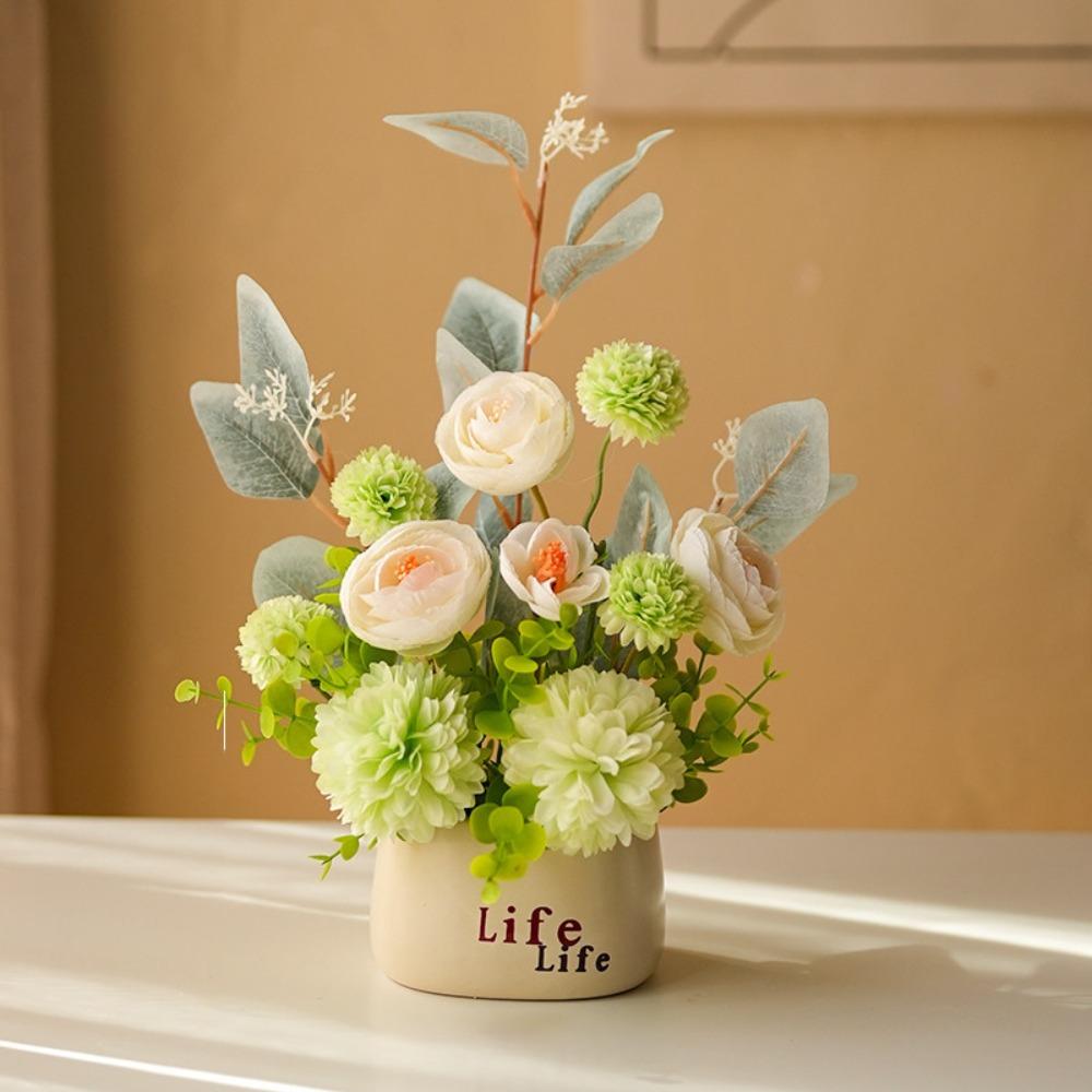 Hydrangea Artificial Flower Bonsai Ranunculus Maintenance-Free Green Grass Potted Photo Props Multicolor Desktop Ornament